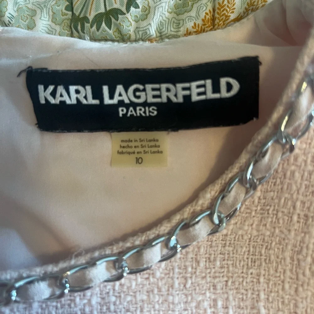 Karl Lagerfeld Blush Pink Tweed Mini Dress with Chain Trim - Picture 3 of 6